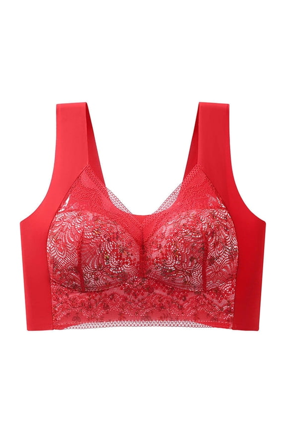 Wireless Bras for Women Back-Smoothing Push Up Bras No Underwire Comfort V-Neck Mesh Lace Floral Print Padded Bralette Red XXL