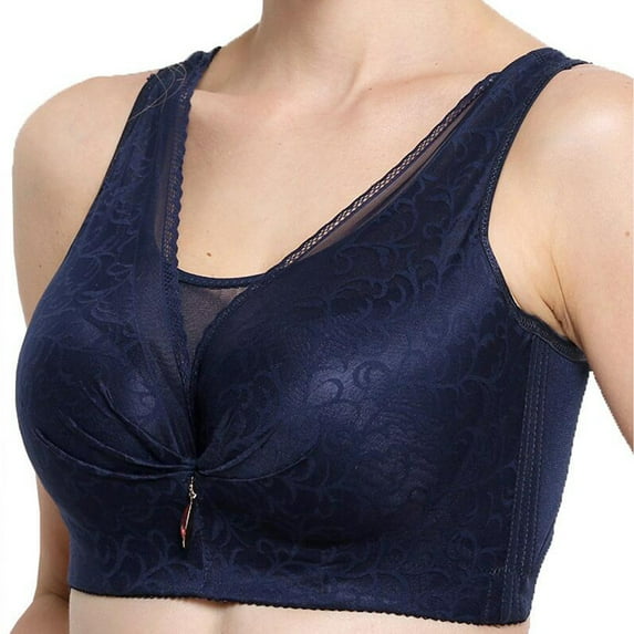 Bigersell Wireless Cami Bra Women Yoga Sports Front Closure Elastic Breathable Lace Trim Bra Underwear Big & Tall Size Tank Tops Bra, Style 3499, Blue 36C