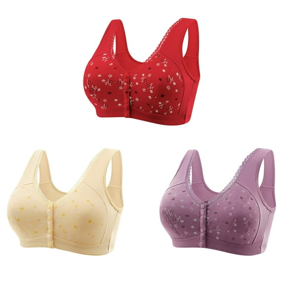 Bigersell Wireless Cotton Bra Clearance 3pc Women Front Buckle for Senior Elder Women Underwear Soft Cotton Oversized Tank Tops Without Underwire Printed Bra Sports Bra Style F-15 Red XL