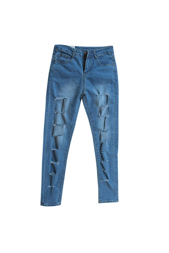Womans Jeans Straight Jeans Clearance Loose Jeans Ladies Capris Denim Pants Button Closure Washed Ripped Female High Waisted Jeans Fitted Mid Waist Ankle Length Pants Style J-4 Blue S