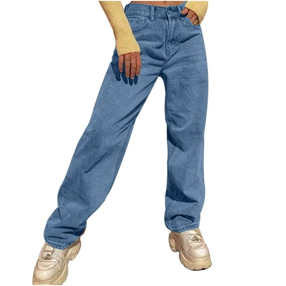 Bigersell Womans Jeans Wide Leg Jeans Clearance Straight Leg Jeans Ladies Cropped Denim Pants Button Closure Washed Ripped Straight Leg Jeans Fitted Mid Waist Long Pants Style J-234 Blue S