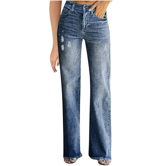 Bigersell Women Bell Bottoms Jeans Distressed Ripped Flare Jeans Full Length High Waisted Denim Pants with Pockets Blue L