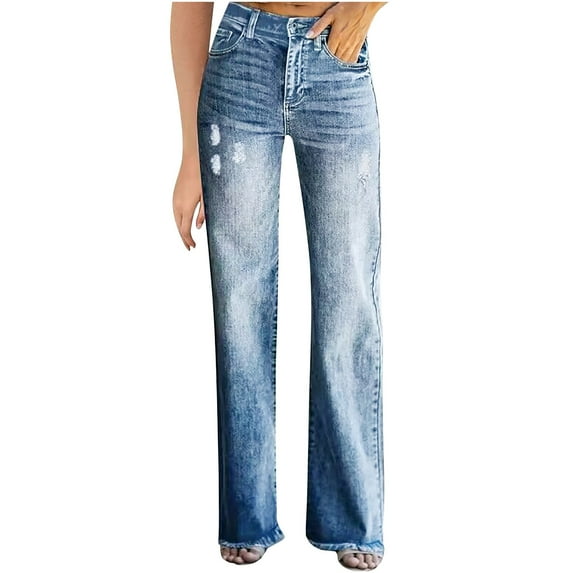 Bigersell Women Bell Bottoms Jeans Distressed Ripped Flare Jeans Full Length High Waisted Denim Pants with Pockets Light Blue S