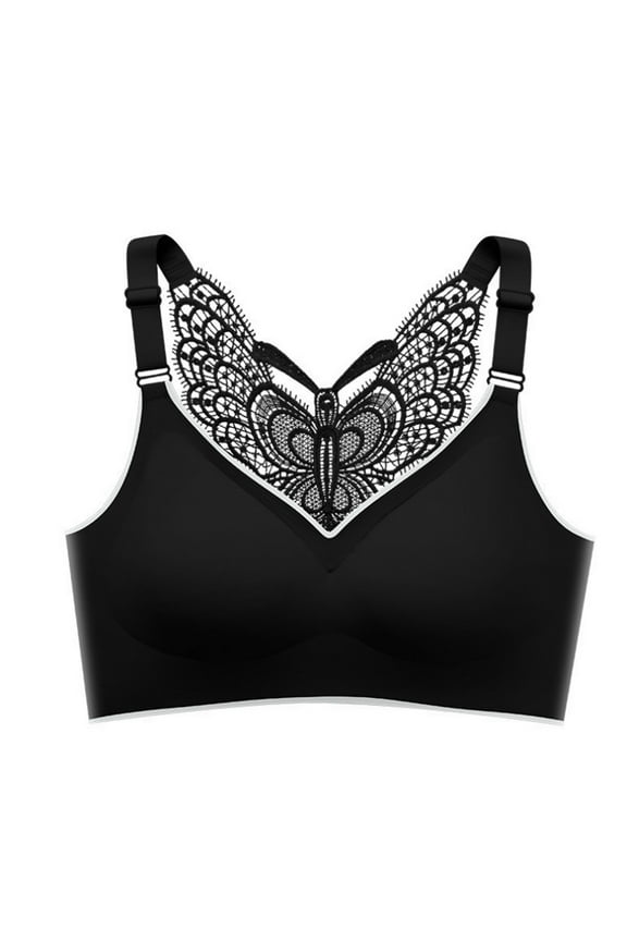 Women Bralettes Bra, V Neck Cami Bra Padded Push up Bra No Underwire Hollow Out Lace Butterfly Back Women's Plus Sport Bra Style 666, Seamless Wirefree Everyday Bra, Sports Bra, Black 46C
