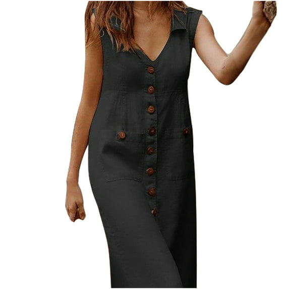 Bigersell Women Cami Dress Women Summer Casual Pocket Buttons Solid Off Shoulder Sleeveless Dress Women Bodycon Dress Style 9287, Female Regular Dresses Black XXL
