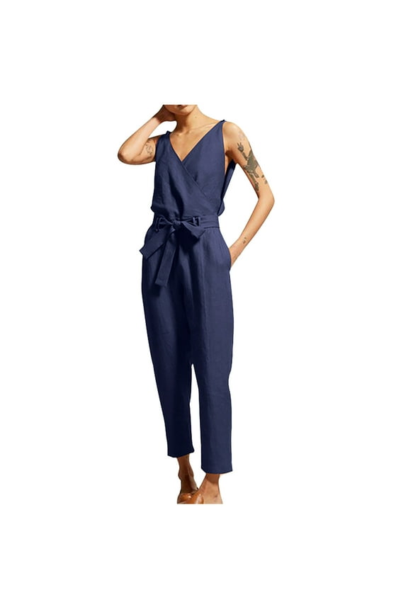 Women Casual Jumpsuits Jumpsuit Ladies Summer Fashion Casual Solid V-neck Lace Up Cotton Rompers Jumpsuit Ladies' High Waist Jumpsuits