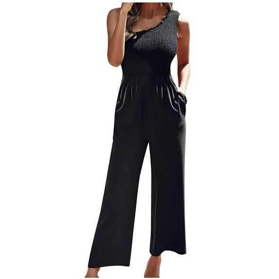 Bigersell Women Casual Jumpsuits Jumpsuit Women's Fashion Solid Single Shoulder Strap Sleeveless Packets Jumpsuit Ladies' Bell Buttom Jumpsuits