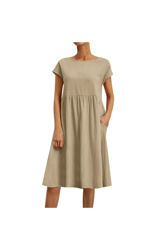 Women Casual Short Sleeve Dresses High Waisted Knee Length Dress with Pockets Solid Color Round Neck T-Shirt Summer Dresses A-Line Swing Dress Beach Sundresses for Cocktail Party, Khaki L