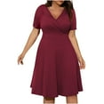 thumbnail image 1 of Bigersell Women Cocktail Party Dresses Summer Wrap V-Neck Short Sleeve Vintage Dress Casual Loose A-Line Knee Length Swing Dress Evening Party Beach Sundress , Wine L, 1 of 6