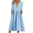 thumbnail image 1 of Bigersell Women Dress Shirts Summer Female V-Neck Half Sleeve Midi Sun Dress Dress Style D-4 Summer Dresses Ladies 2024 Casual Regular Summer Dresses , Light Blue L, 1 of 6