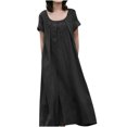 thumbnail image 1 of Bigersell Women Dresses Ladies Casual Solid Color Round Neck Pleated Big Swing Short Sleeve Dress Female Dresses for Special Occasions Regular Mini Dresses, Style 37364, Black 3XL, 1 of 5