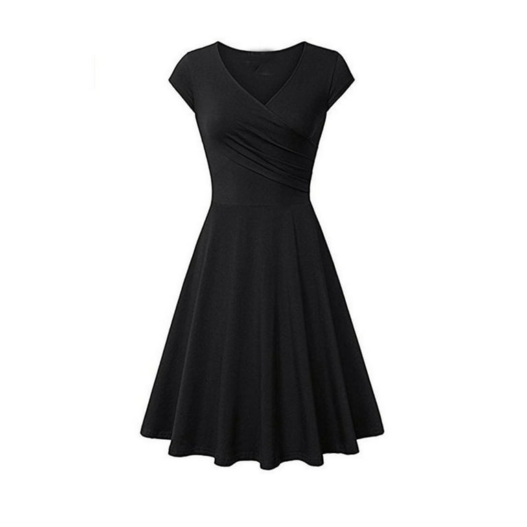 Bigersell Women Dresses Plus Ladies Solid Color Casual V neck Pocket Short Sleeve Pleated Umbrella Dress Female Dresses Regular Wrap Dresses Style