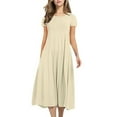 thumbnail image 1 of Bigersell Women Dresses for Special Occasions Women's Casual Fashion Solid Short Sleeve Round Neck Pleated Slim Ladies Vintage A-Line Dresses Women's Plus Slip Dress Dresses, Style 10267, Beige XL, 1 of 5