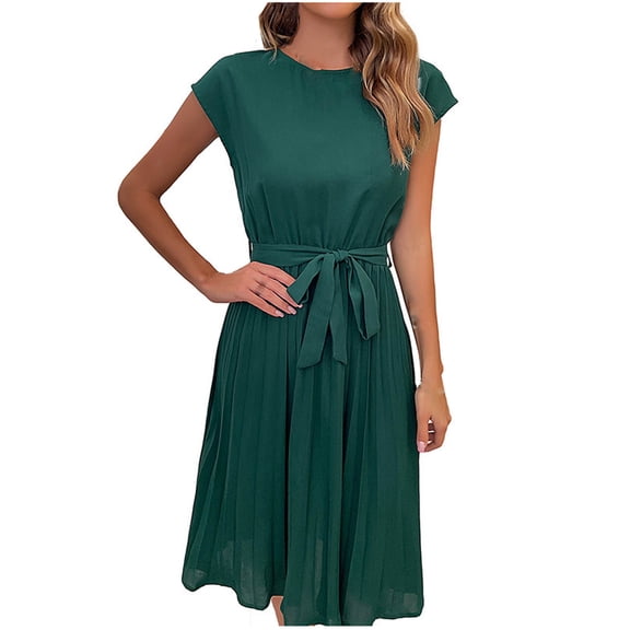 Bigersell Women Dresses for Special Occasions Women's Casual Fashion Summer Short Sleeve Round Neck Solid Color Pleated Dress Women's Plus Faux-Wrap Dresses, Style 30430, Army Green L