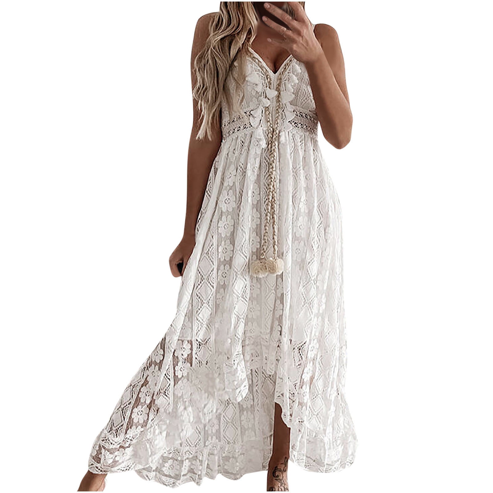 Bigersell Women Dresses for Women's Fashion V-Neck Sleeveless Hollow Out  Tassel Lace Solid Ankle-Length Dresses Plus Boho Dress Style 41841, Female  Ankle-Length Dresses White L 