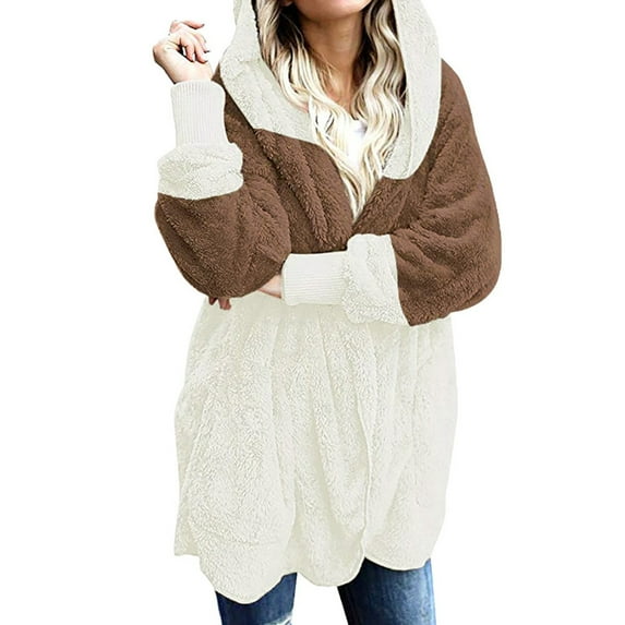 Bigersell Women Faux Fuzzy Fleece Jacket Fall Cardigan Women's Oversized Open Front Hooded Draped Pockets Fall Cardigan Coat KH/M Long Cardigans Female Lightweight