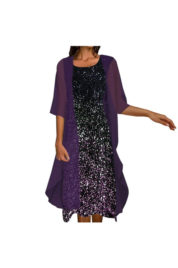 Women Floral Midi Dresses with Jacket 2 Piece Sets Casual Round Neck Sleeveless Tank Dress 3/4 Sleeveless Open Front Cardigan Set Cocktail Party Formal Dresses A-Line Style A4, Purple, 3XL