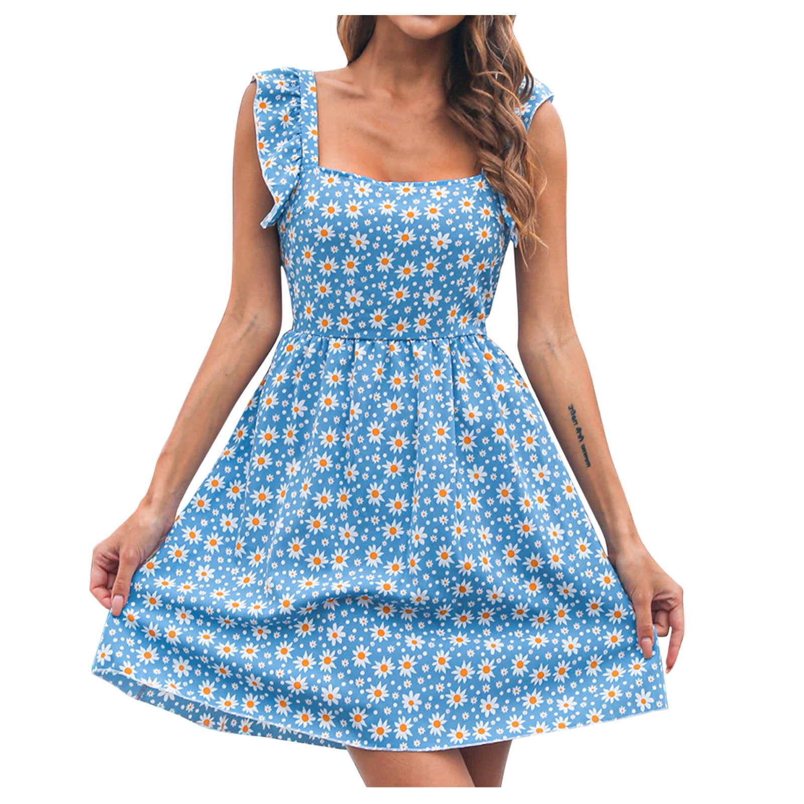 Bigersell Women Knee Lenght Dress Women Short Sleeve Summer Casual Floral  Printed Strap Holiday Square Neck Backless Lace-Up Chiffon Dress Women  Shirt Dress Dresses, Style 29706, Blue L 