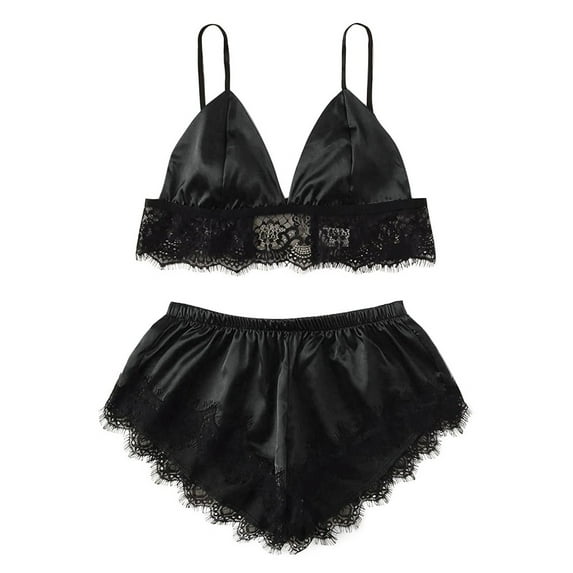 Bigersell Women Lace Pajamas Set - Lace Bras and Panties Sets for Women Sets Women's Causal Lace Trim Sleepwear Cami Tops and Shorts Pajama Sets 2 Piece Silk and Lace Pjs Set Black L