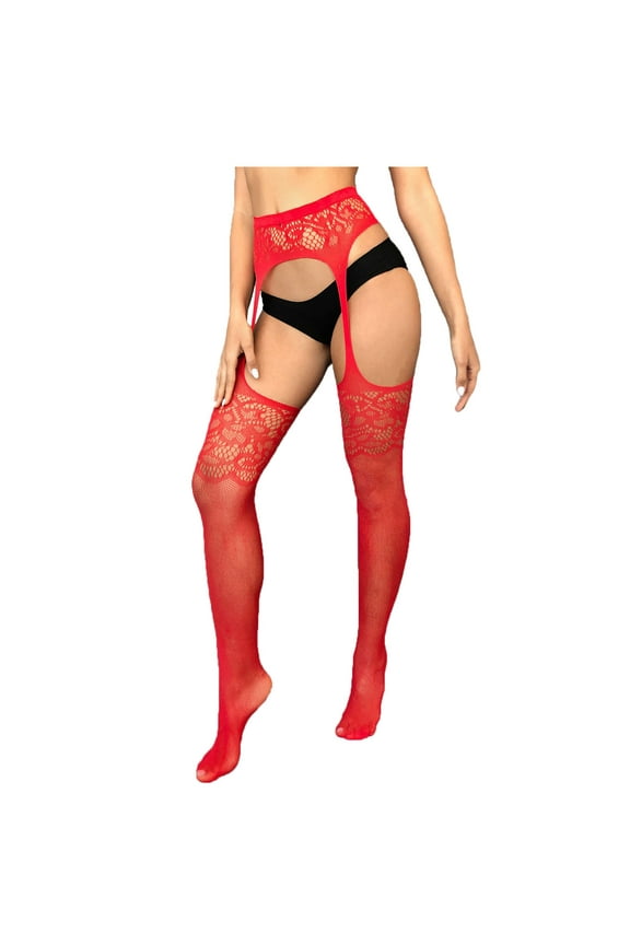 Women Lingerie Stockings Thigh High Stockings Womens Lingerie Lace Tops Mesh Sheer Over Knee Stocking Red One Size