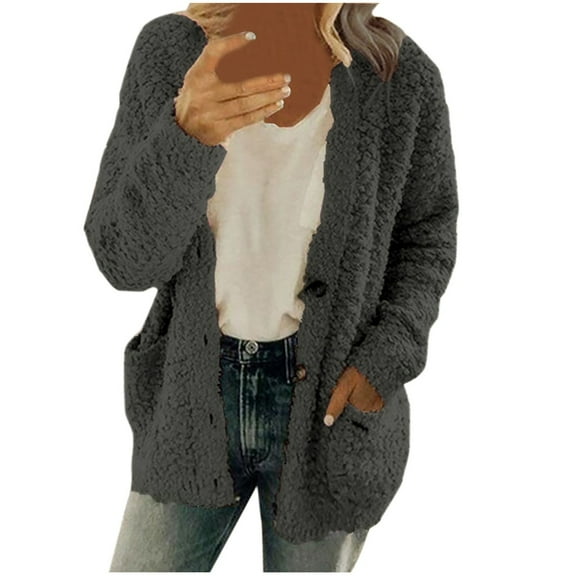 Bigersell Women Long-Sleeve Full-Zip Jacket Sweater Coat Women Casual Plush Sweater Pockets Outerwear Buttons Fall Cardigan Coat Female Faux Fleece Jacket Coats