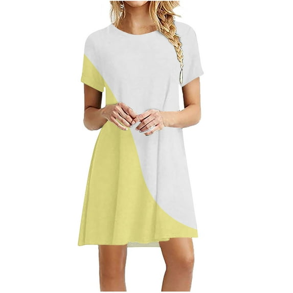 Bigersell Women Mini Short Swing Dress Summer Casual Loose Short Sleeve Round Neck Mini Dress Color Block Printed A-Line Beach Sundresses, Yellow S