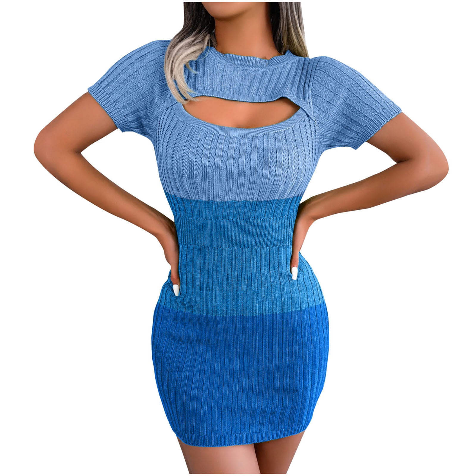 princess polly baby blue dress Bigersell Women Mini Sweater Dress Front Cut Out Short Sleeve Round Neck  Ribbed Knit Short Dresses Color Block Striped Printed Evening Party Club  Dress Sundresses, Blue S