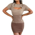 thumbnail image 1 of Bigersell Women Mini Sweater Dress Front Cut Out Short Sleeve Round Neck Ribbed Knit Short Dresses Color Block Striped Printed Evening Party Club Dress Sundresses, Khaki L, 1 of 5