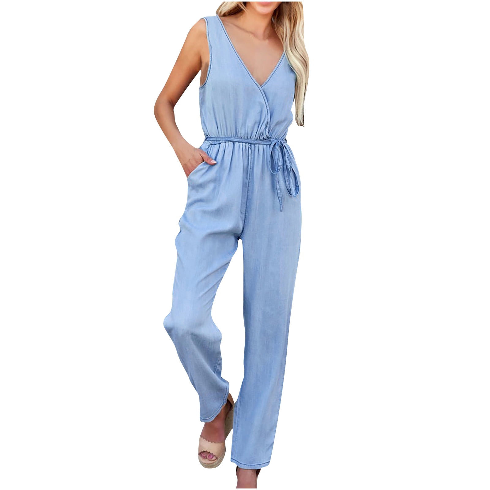 Denim Jumpsuit for Women V Neck Sleeveless Button Elastic Waist Drawstring  Summer Casual Jeans Romper with Pockets (Small, Navy) 