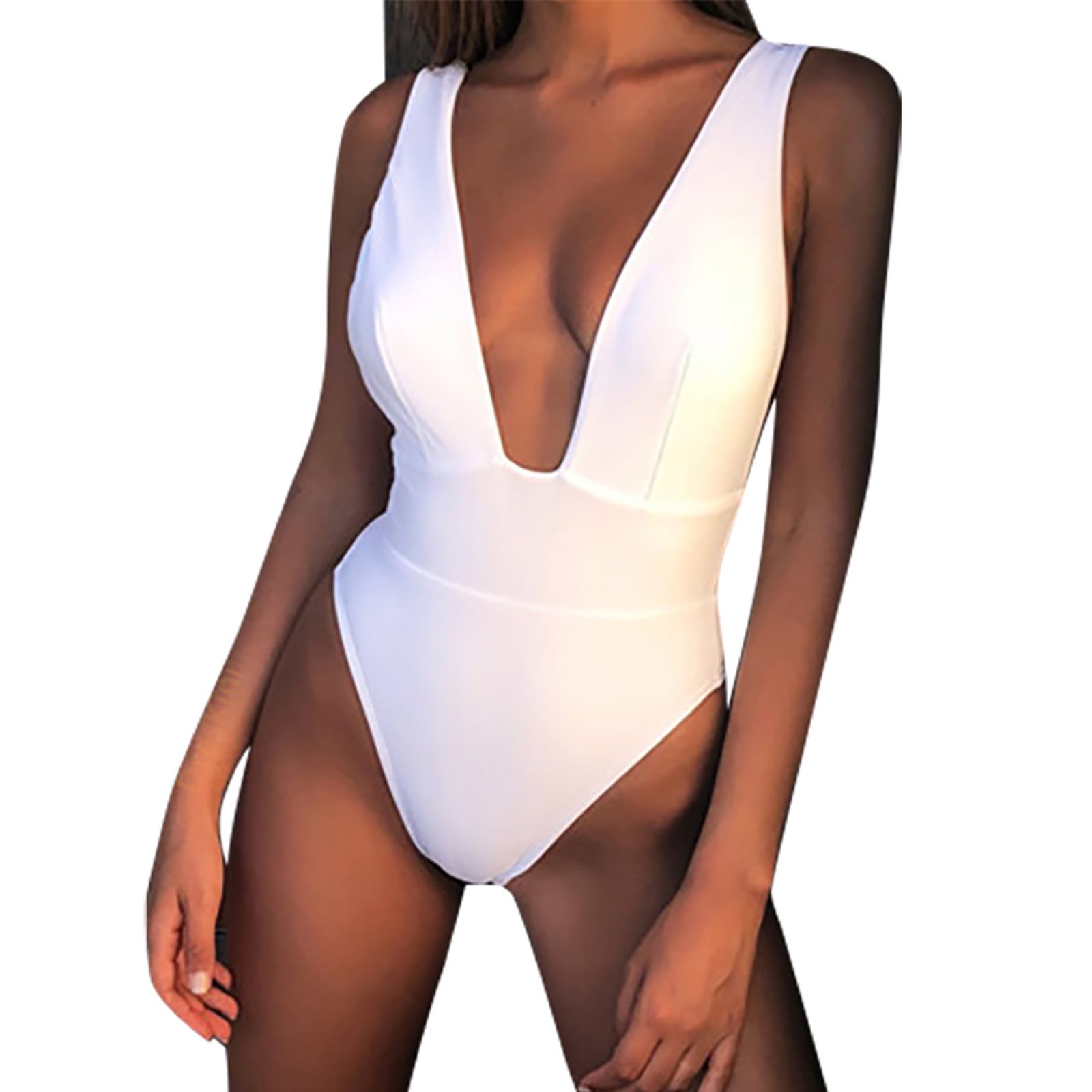 Bigersell Women One-Piece Swimsuit, Solid Color Deep V Neck Backless Bikini  Monokini Beach Swimwear High Cut Removable Padded Bathing Suit, Style 717
