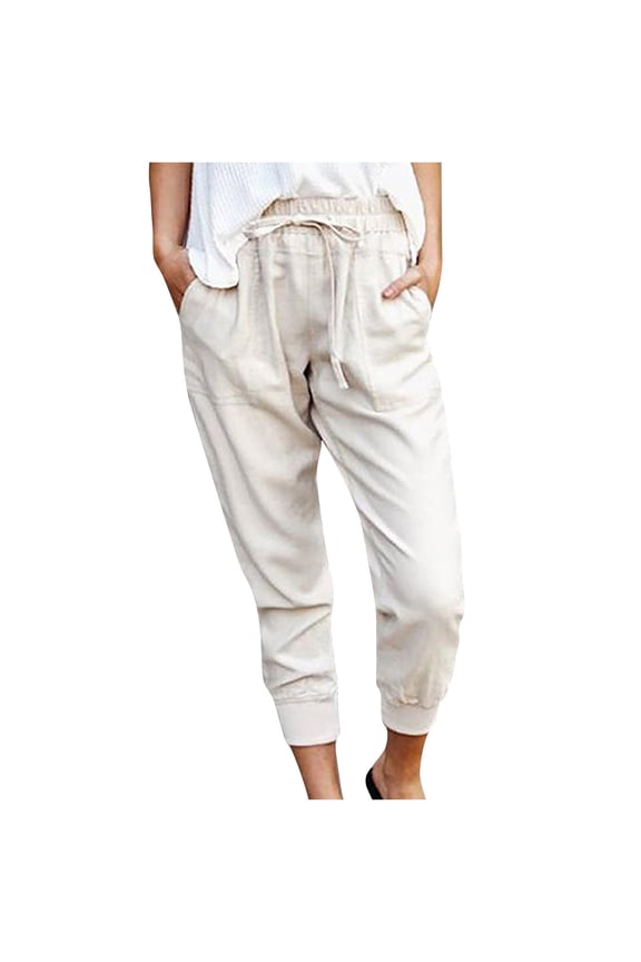 Women Pants Full Length Pants Women Casual Solid Cotton Linen Drawstring Elastic Waist Calf-Length Pencil Pants Ladies' Denim Pants