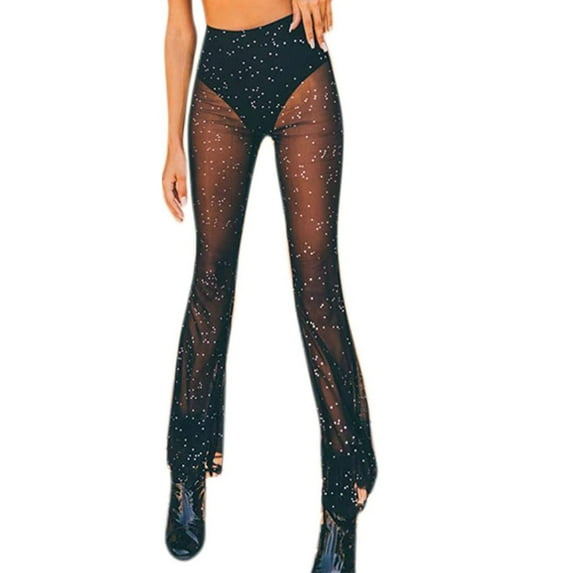 Bigersell Women Pants Stretchy Full Length Pants Women's Net Yarn Perspective Solid High Waisted Flare Workout Trousers Pants Ladies' High Tapered Pant