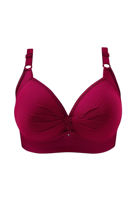 Women Plus Size Bras No Underwire Front Ruched Push up Bra Soft Comfortable F / G Cup Full-Coverage Wire-Free Bra Style-D57 Hook and Eye Bra Closure V-Neck Padded Bralette T-Red XL
