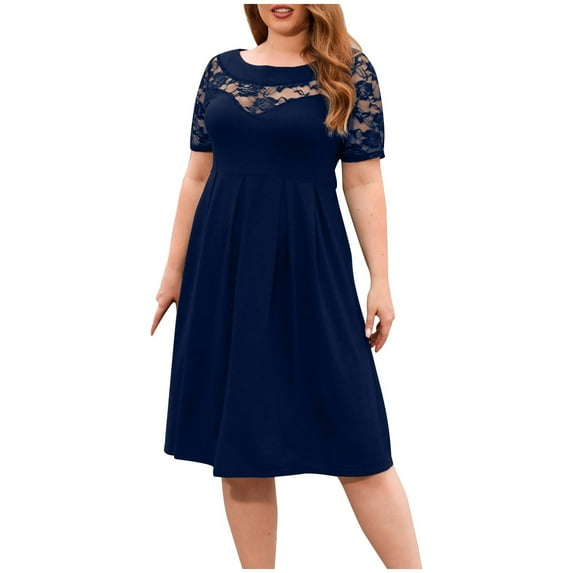 Bigersell Women Plus Size Cocktail Dresses Summer Floral Lace Mesh Short Sleeve Round Neck Knee Length Dress Casual Loose Pleated A-Line Vintage Swing Formal Dress Evening Gown, Blue 4XL