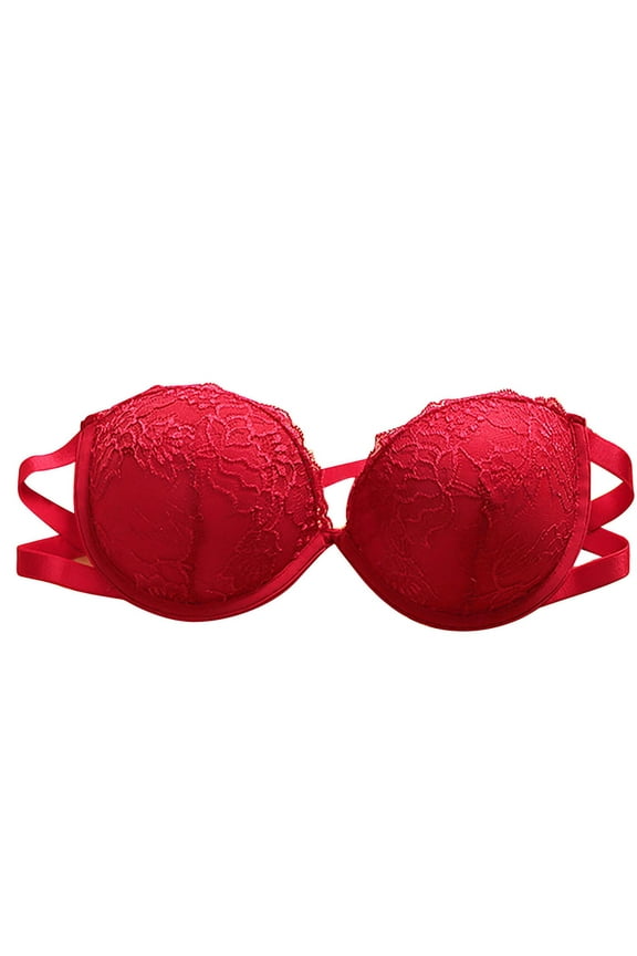 Women Push up Bandeau Bra with Underwire Strapless Bras Floral Lace Comfortable Padded Tube Tops Bra Red M