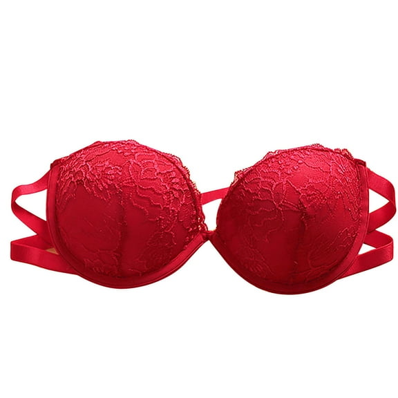 Bigersell Women Push up Bandeau Bra with Underwire Strapless Bras Floral Lace Comfortable Padded Tube Tops Bra Red M
