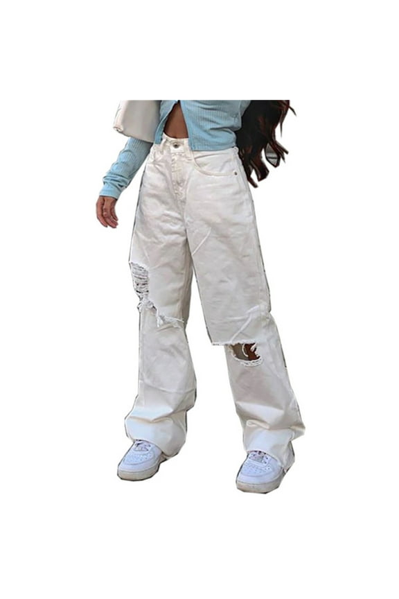 Women Ribcage Straight Ankle Jeans Full Length Pants Jeans Women Button High Waist Pocket Elastic Hole Jeans Trousers Loose Denim Pants Flare Jeans for Ladies