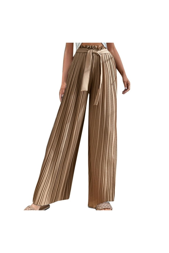 Women Ribcage Straight Ankle Pants Full Length Pants Women's Fashion Casual High Waist Elastic Waist Drawstring Straps Solid Color Draped Pleated Wide Leg Long Pants Ladies' Bootcut Pant