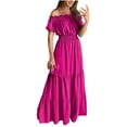 thumbnail image 1 of Bigersell Women Ruffle Maxi Dress Summer Off the Shoulder Short Sleeve Long Dresses Casual Loose Pleated A-Line Beach Sundress Formal Evening Party Cocktail Dress, Hot Pink M, 1 of 7