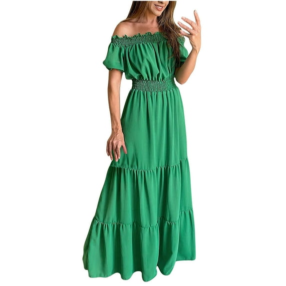 Bigersell Women Ruffle Maxi Dress Summer Off the Shoulder Short Sleeve Long Dresses Casual Loose Pleated A-Line Beach Sundress Formal Evening Party Cocktail Dress, Green XL
