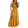 thumbnail image 1 of Bigersell Women Ruffle Maxi Dress Summer Off the Shoulder Short Sleeve Long Dresses Casual Loose Pleated A-Line Beach Sundress Formal Evening Party Cocktail Dress, Yellow XL, 1 of 7