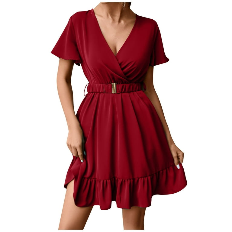 Red Short Sleeve Party Dress With Belt Red Short Sleeve Party Dress With Belt