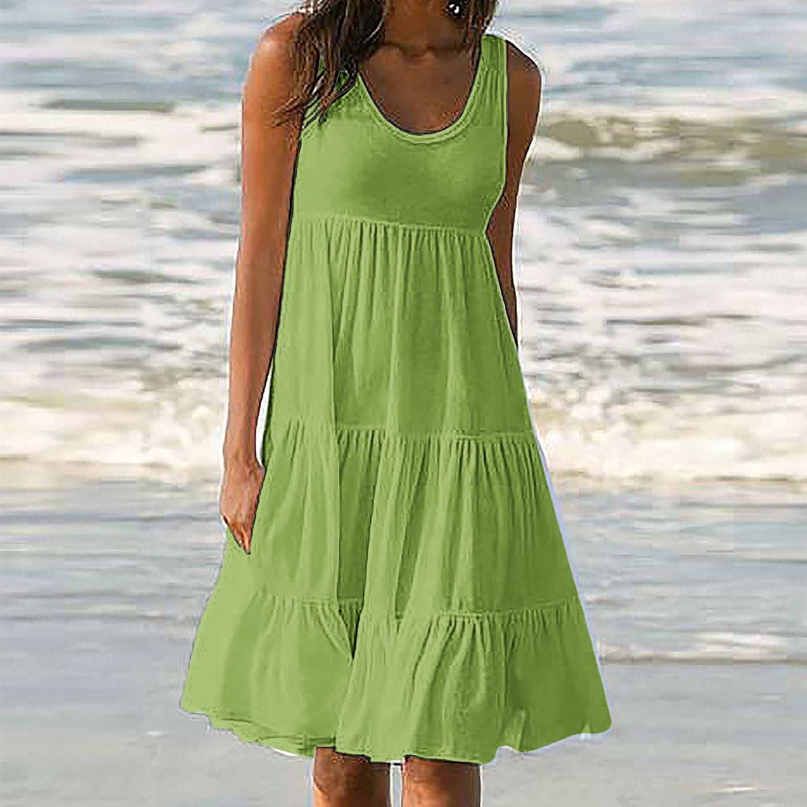 Bigersell Women Sleeveless Tank Dress Casual Loose Ruffle Mini Short  Dresses Beach Sundresses Pleated A-Line Short Summer Dresses Swing Party  Dresses 