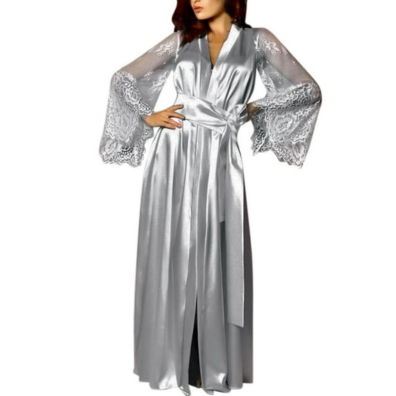 Bigersell Women Satin Long Robe Clearance Women's V-Neck Lace Long Sleeve Satin Robe with Belted Silk Bathrobe for Bride Long Bridesmaids Wedding Party Loungewear Sleepwear Gray L