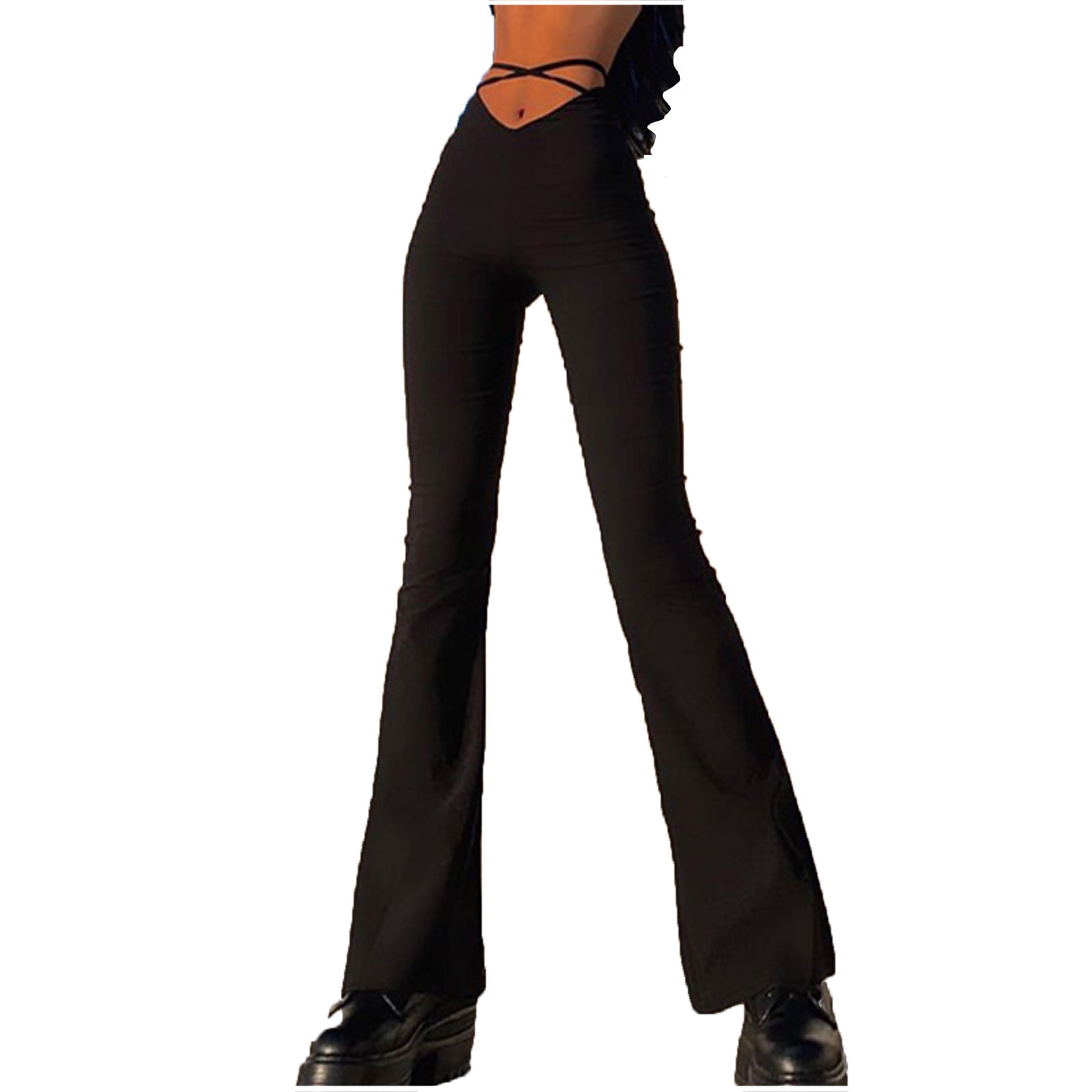 Bigersell Women Shaping Bootcut Pants Full Length Women's Fashion Casual  V-Waist Cropped Navel Cross Strap Solid Flared Lounge Pants Stretch Jean  for