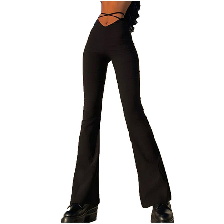 Bigersell Women Shaping Bootcut Pants Full Length Women's Fashion Casual V- Waist Cropped Navel Cross Strap Solid Flared Lounge Pants Stretch Jean for  Ladies 