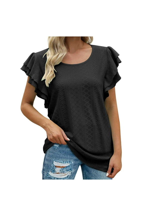 Women Short-Sleeve Crew Neck T-Shirt Short Sleeve Summer Solid Color Casual Tops Pullover T-shirt Women's Plus Ruffles Sweetheart Short Sleeve Summer Sunflower T Shirt Style B44334, Black L