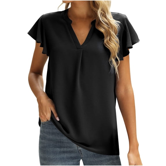 Bigersell Women Short Sleeve Tops Women Loose Casual Short Sleeve V-Neck Solid Casual Blouse T-shirt Tunic Tops Plus Wraps Crew Neck Short Sleeve Trendy Summer Tops Style B24176, Black XXL