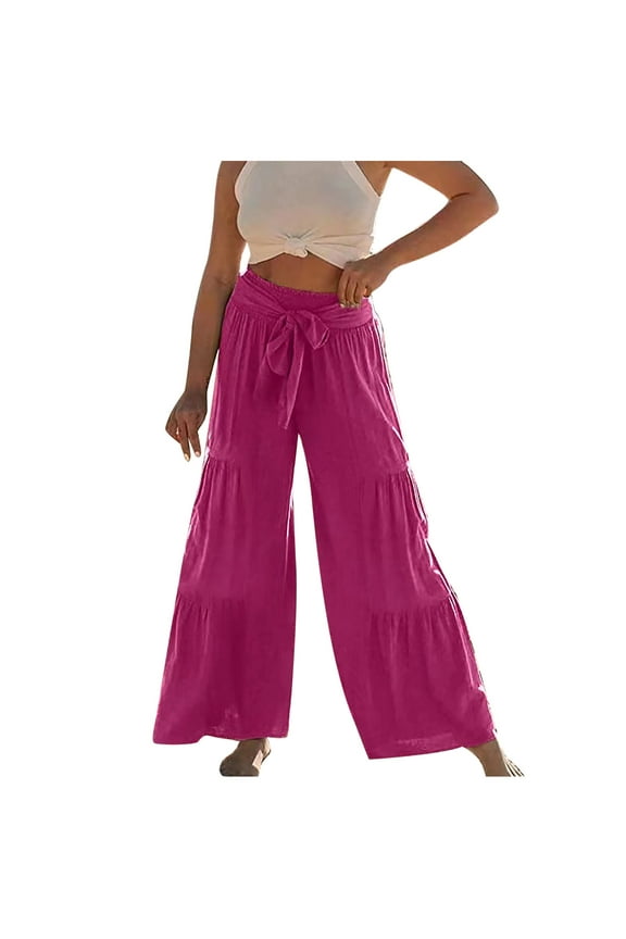 Women Skinny Pants High Waist Full Length Pants Women's Fashion Casual High Waist Elastic Waist Drawstring Straps Solid Color Ruffle Wide Leg Long Pants Ladies Casual Pants