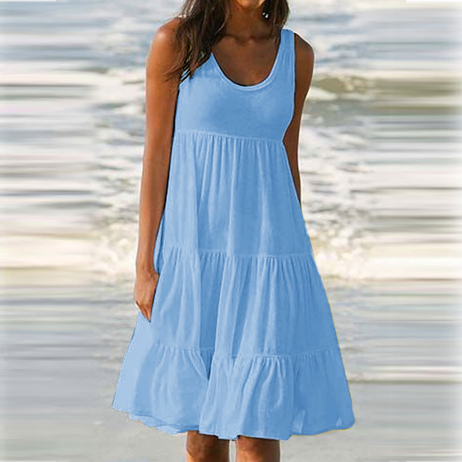 Bigersell Womens Tank Dress Short Casual Summer Sleeveless Round Neck Mini  Dresses Gradient Print Pleated Ruffle Short Dresses Beach Sundresses 